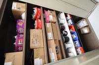 Lot 123 - 6FT TWO-TONE BROWN DOUBLE DOORED STORAGE CUPBOARD & CONTENTS OF PERFECT FIT COMPONENTS (VAT applicable)