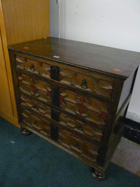 Renaissance style oak chest of drawers - Sold for Â£340.00.