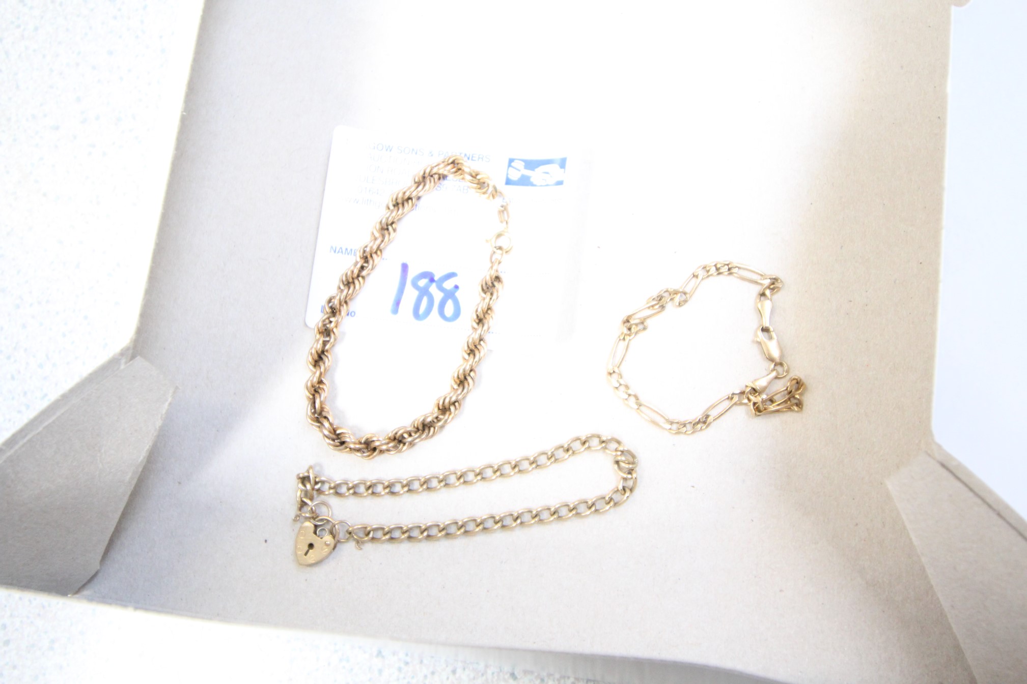 Lot 188 - 3x 9ct Gold Bracelets - £230